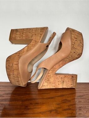 Calvin Klein Raimy Tan Slingback Peep Toe Cork Platform Block Heel